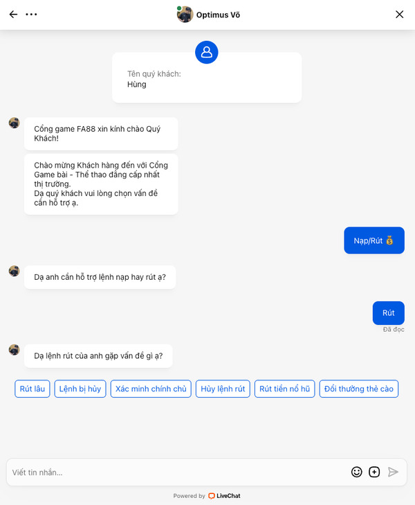 Hệ thống live chat hỗ trợ chăm sóc khách hàng FA88 hiệu quả