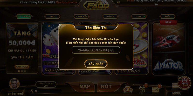 Nhập tên hiển thị để hoàn tất đăng ký FA88