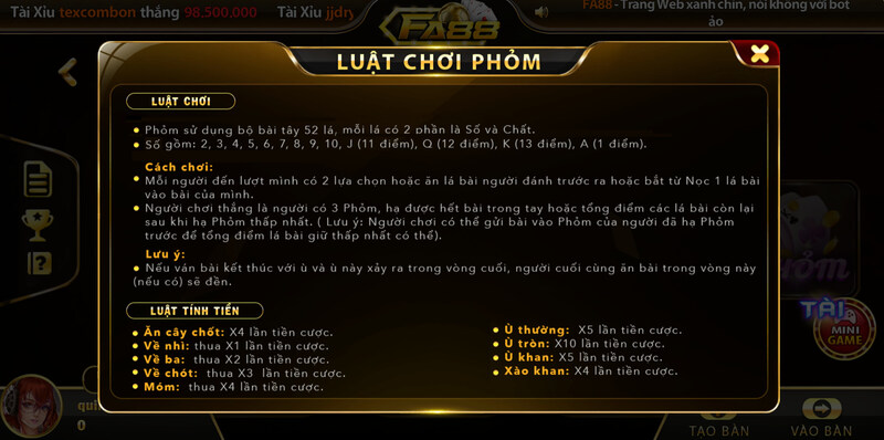 Luật chơi game bài Phỏm tại nhà cái FA88