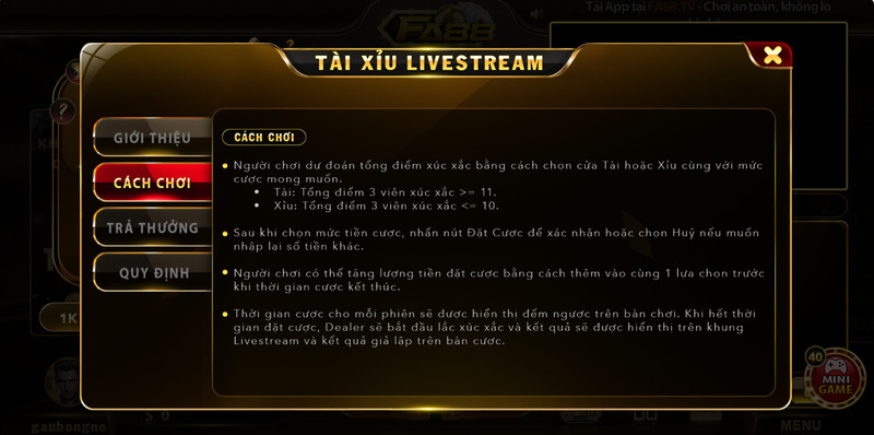 Luật chơi game Tài Xỉu Livestream tại FA88